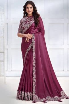 Magenta Crepe Satin Silk Designer Saree