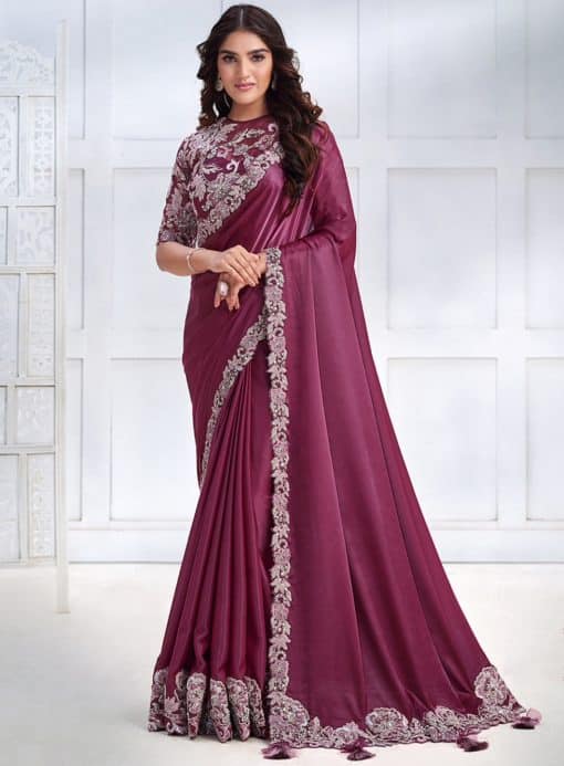 Magenta Crepe Satin Silk Designer Saree