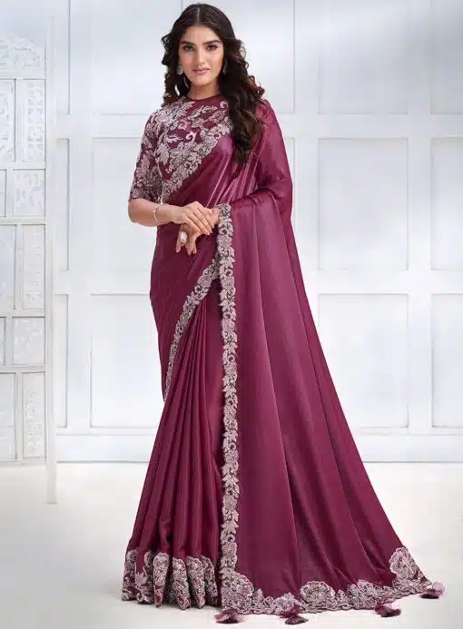 Magenta Crepe Satin Silk Designer Saree