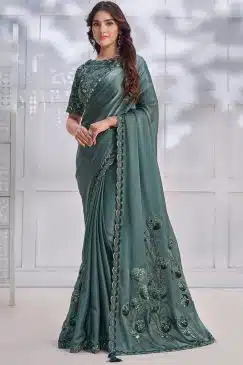 Turquoise Crepe Satin Silk Designer Saree