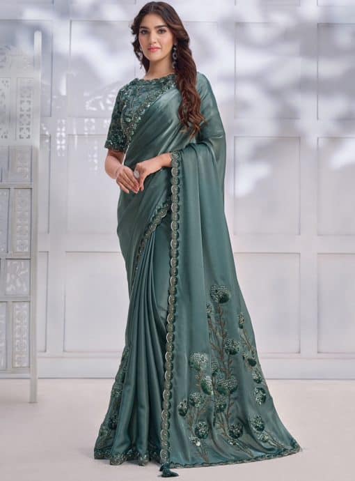 Turquoise Crepe Satin Silk Designer Saree