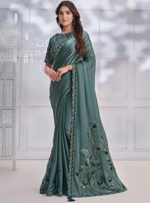 Turquoise Crepe Satin Silk Designer Saree