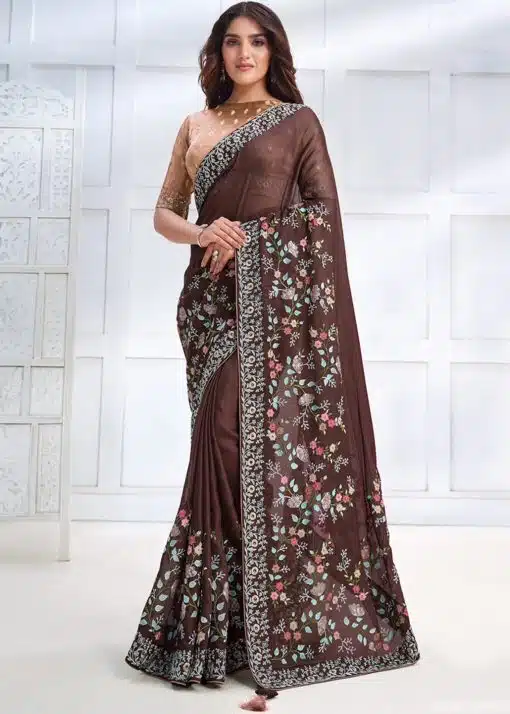 Brown Georgette Silk Designer Saree