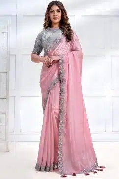 Pink Crepe Satin Silk Designer Saree