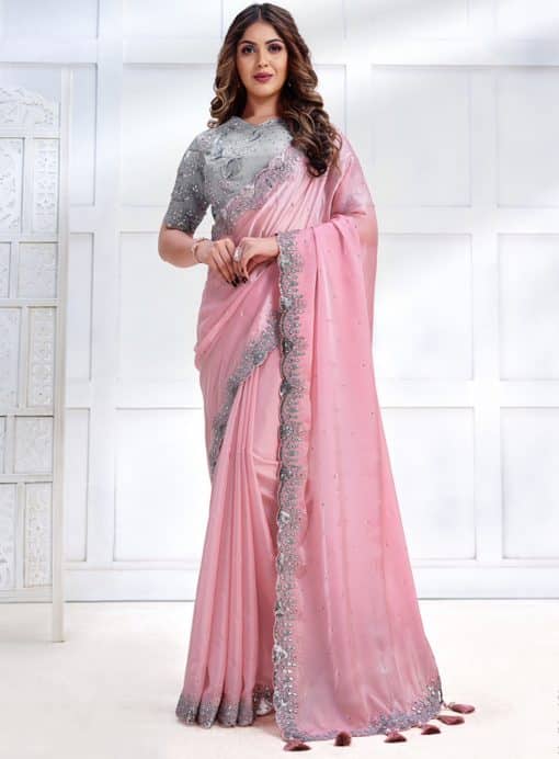 Pink Crepe Satin Silk Designer Saree