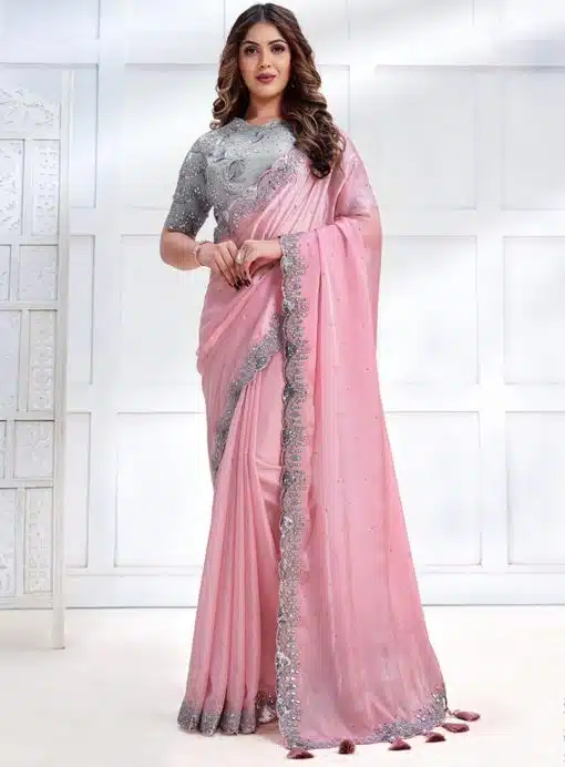 Pink Crepe Satin Silk Designer Saree
