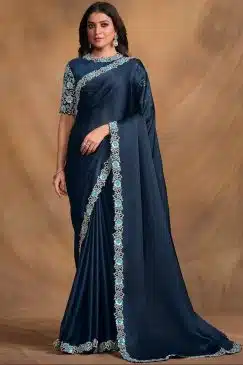 Navy Blue Satin Silk Designer Saree