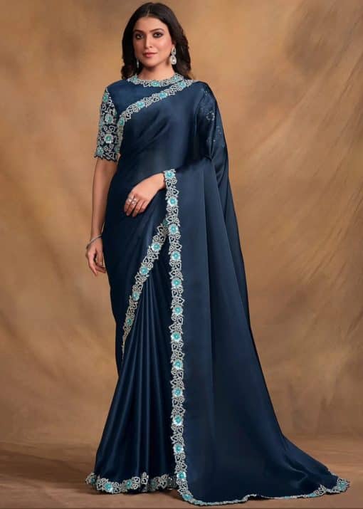 Navy Blue Satin Silk Designer Saree