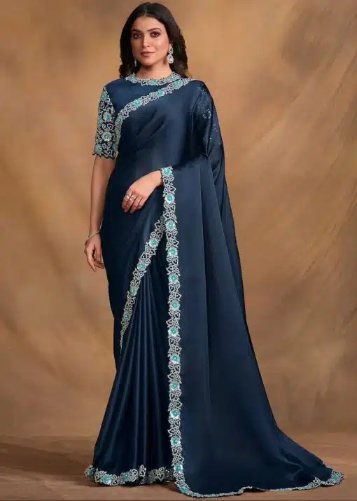 Navy Blue Satin Silk Designer Saree