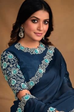Alternative view of Navy Blue Satin Silk Designer Saree