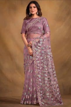 Purple Velvet Textured Net Designer Saree