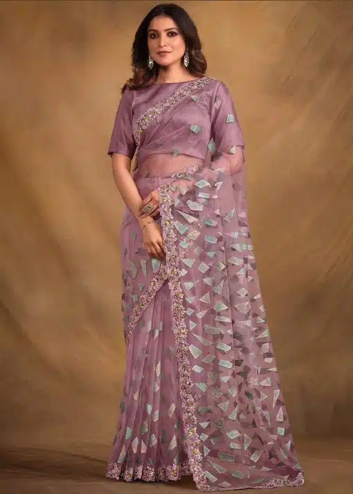 Purple Velvet Textured Net Designer Saree