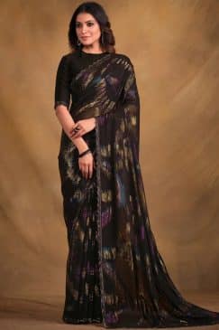 Black Zari Jacquard Print Net Designer Saree
