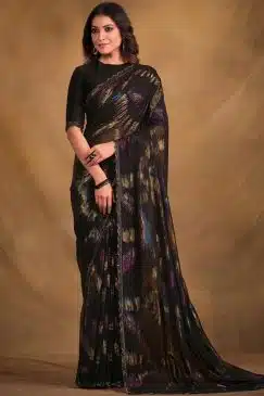 Black Zari Jacquard Print Net Designer Saree