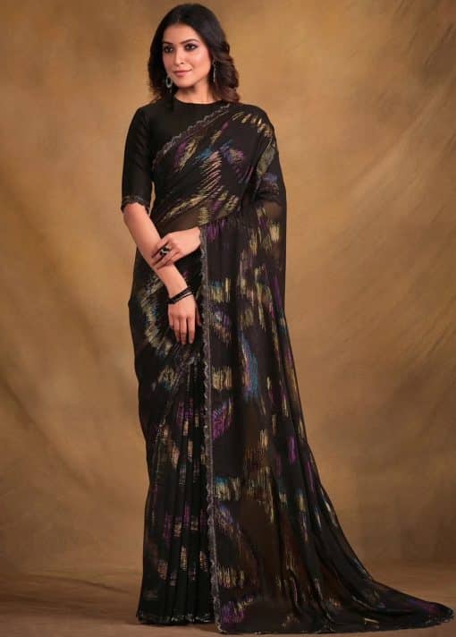 Black Zari Jacquard Print Net Designer Saree