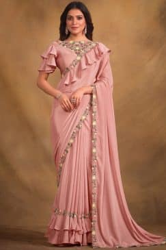 Pink Crepe Georgette Silk Ruffled Designer Saree