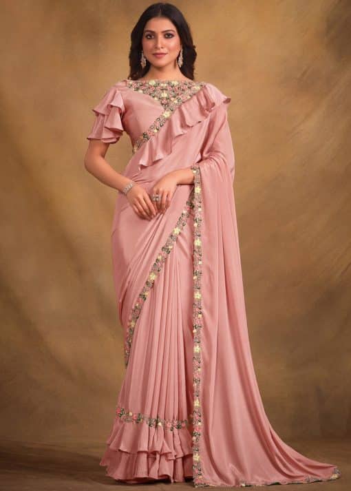 Pink Crepe Georgette Silk Ruffled Designer Saree