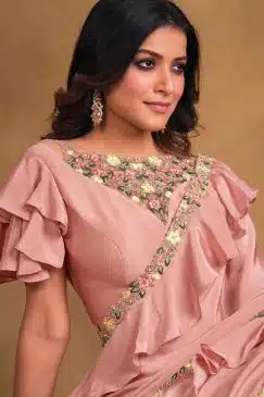 Alternative view of Pink Crepe Georgette Silk Ruffled Designer Saree