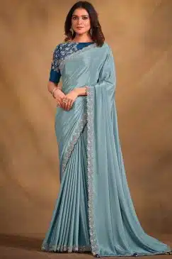 Powder Blue Crepe Georgette Silk Designer Saree