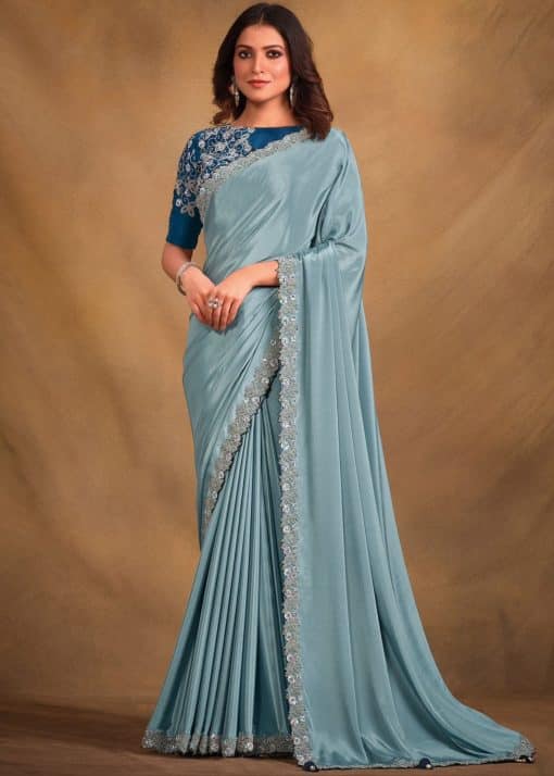 Powder Blue Crepe Georgette Silk Designer Saree