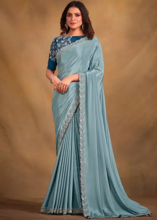 Powder Blue Crepe Georgette Silk Designer Saree