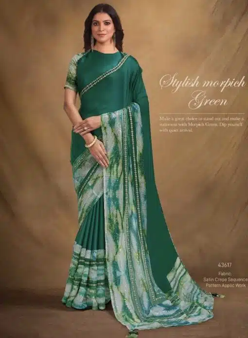 Green Satin Crepe Designer Saree