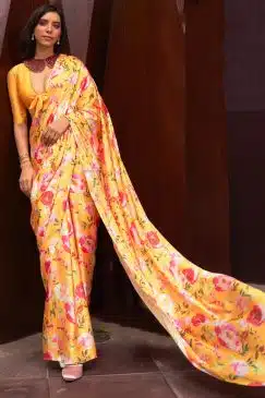 Yellow Floral Print Satin Crepe Saree