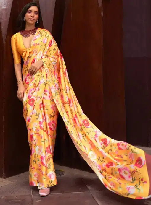Yellow Floral Print Satin Crepe Saree