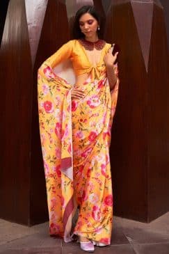 Alternative view of Yellow Floral Print Satin Crepe Saree