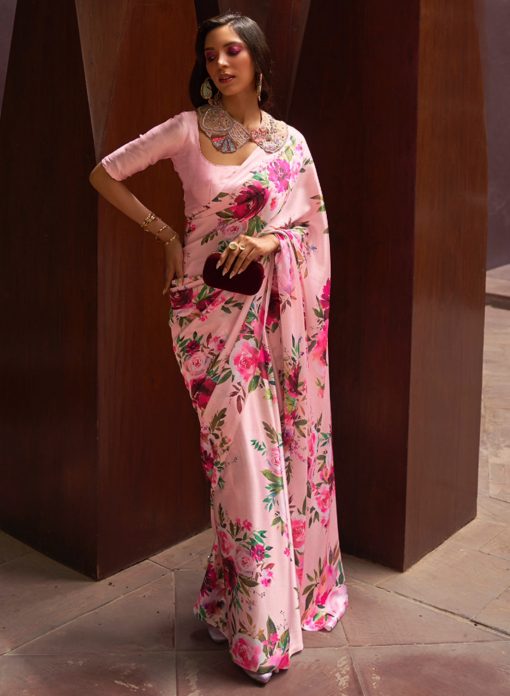 Pink Floral Print Satin Crepe Saree