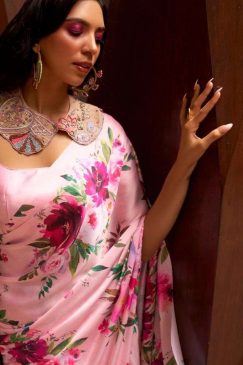 Alternative view of Pink Floral Print Satin Crepe Saree