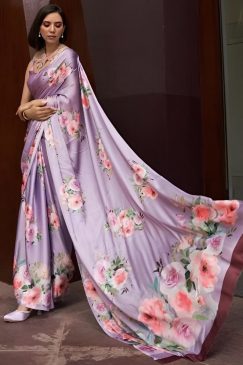Alternative view of Lilac Floral Print Satin Crepe Saree