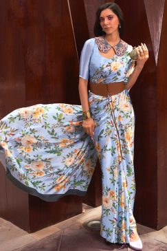 Baby Blue Floral Print Satin Crepe Saree