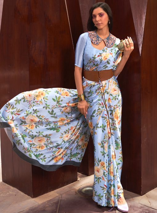 Baby Blue Floral Print Satin Crepe Saree