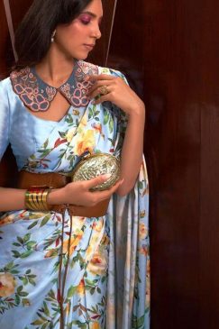 Alternative view of Baby Blue Floral Print Satin Crepe Saree