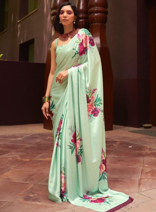 Light Green Floral Print Satin Crepe Saree