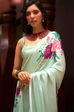 Alternative view of Light Green Floral Print Satin Crepe Saree