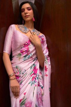 Alternative view of Pink Floral Print Satin Crepe Saree