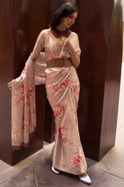 Alternative view of Peach Floral Print Satin Crepe Saree