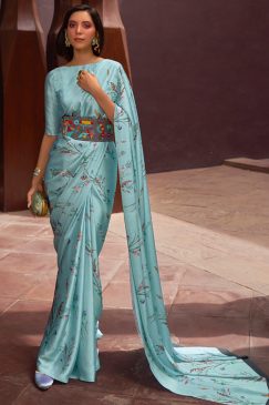 Sky Blue Floral Print Satin Crepe Saree