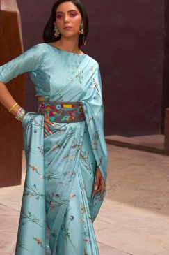 Alternative view of Sky Blue Floral Print Satin Crepe Saree