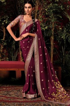 Wine Embroidered Silk Wedding Saree