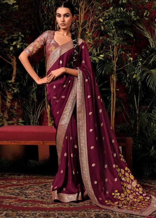Wine Embroidered Silk Wedding Saree