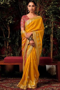 Mustard Embroidered Silk Wedding Saree