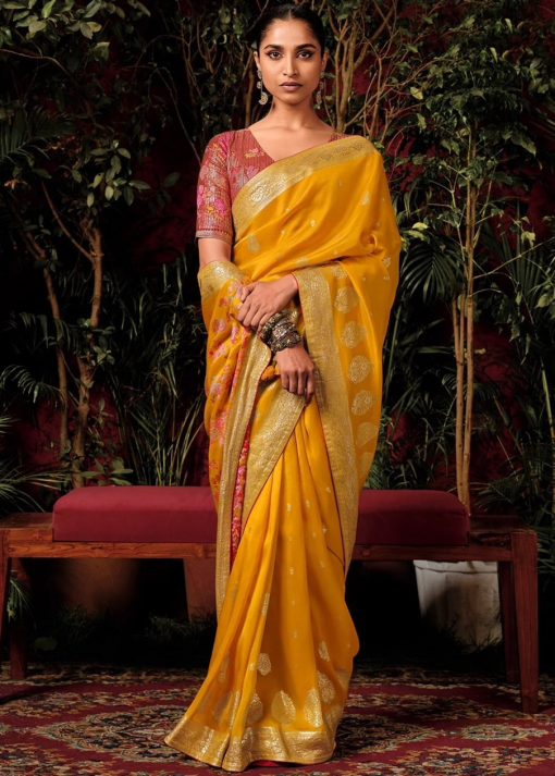 Mustard Embroidered Silk Wedding Saree
