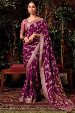 Wine Embroidered Silk Wedding Saree