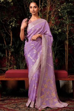 Lilac Embroidered Silk Wedding Saree