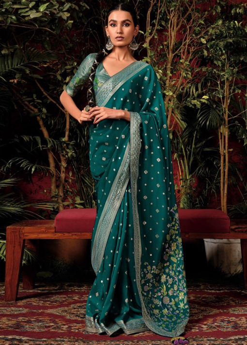 Teal Embroidered Silk Wedding Saree