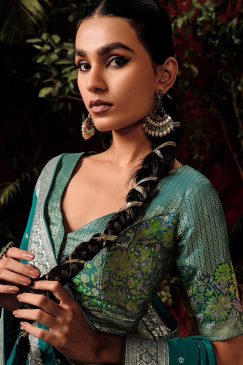 Alternative view of Teal Embroidered Silk Wedding Saree