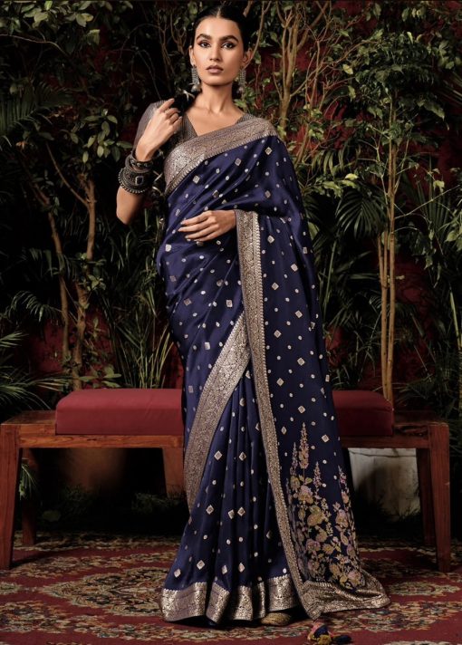 Navy Blue Embroidered Silk Wedding Saree